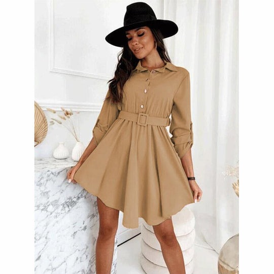 Damen Knielanges Hemdblusenkleid mit Taillengürtel und eleganten Details R&B