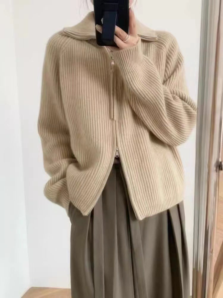 Damen Strickjacke mit hohem Kragen und durchgehendem Reißverschluss R&B