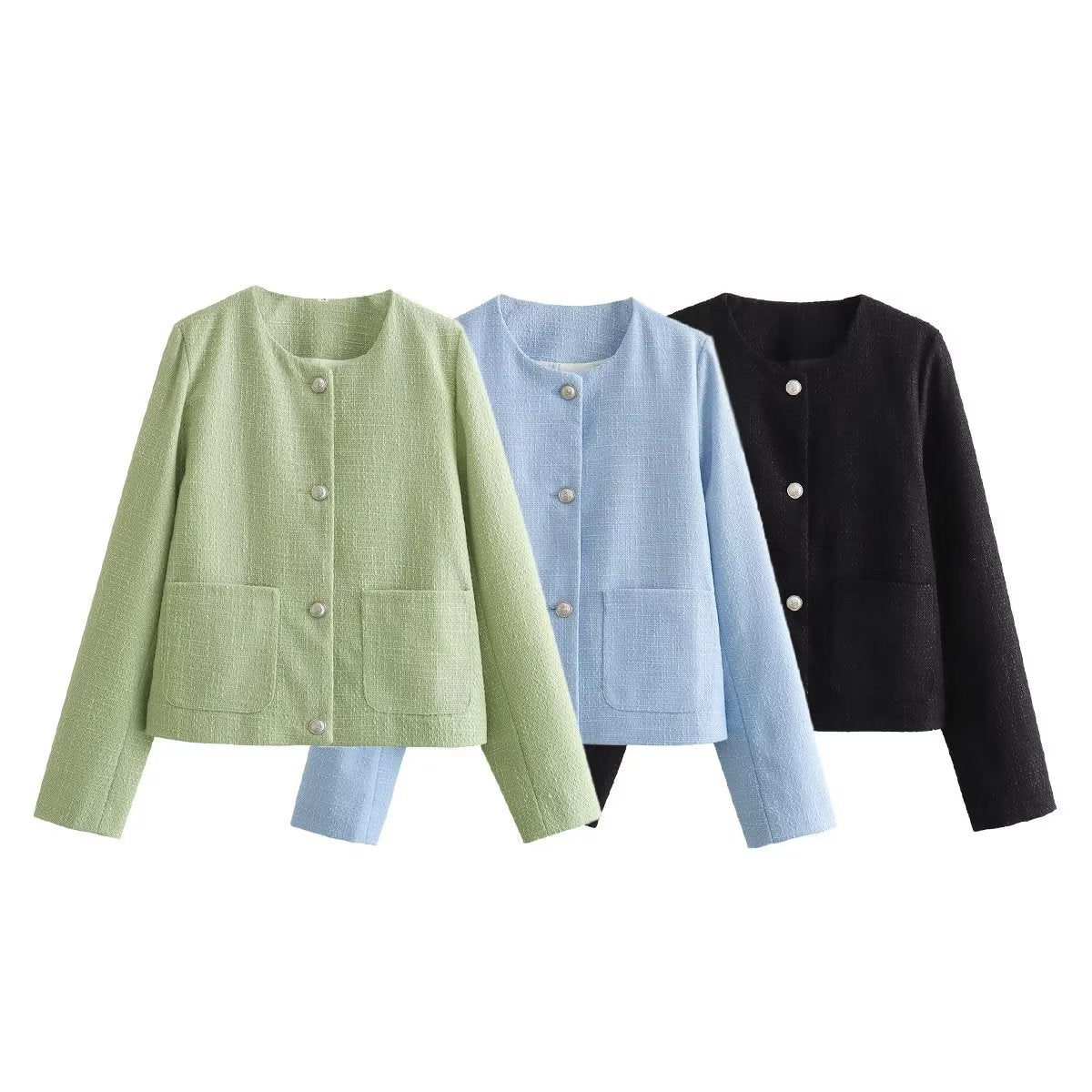 Damen elegante Kurzjacke mit dekorativen Knopfdetails und praktischen Taschen R&B
