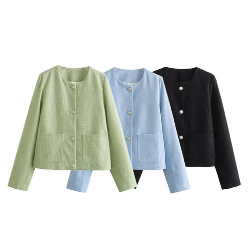 Damen elegante Kurzjacke mit dekorativen Knopfdetails und praktischen Taschen R&B