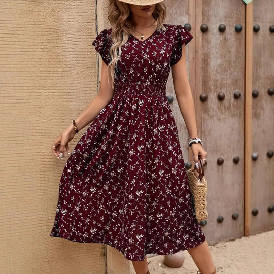Damen Midikleid mit elastischem Tailleneinsatz und Rüschenärmeln R&B