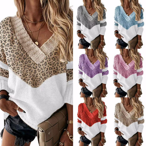 Damen Modischer Pullover mit einzigartigem Leopardenmuster und V-Ausschnitt R&B