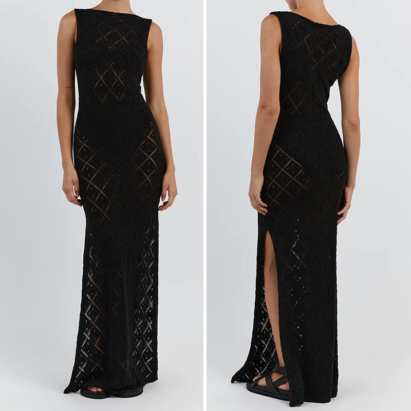 Damen Häkelkleid mit kreativem Rautenmuster und ärmellosem Schnitt R&B