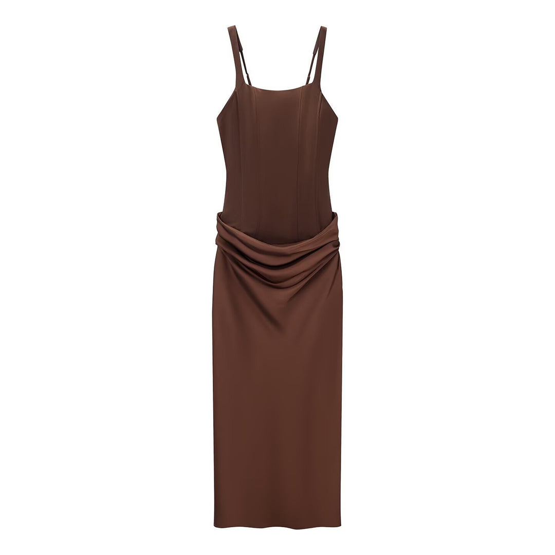 Damen elegantes Midikleid mit raffinierten Drapierungen und verstellbaren Spaghettiträgern R&B