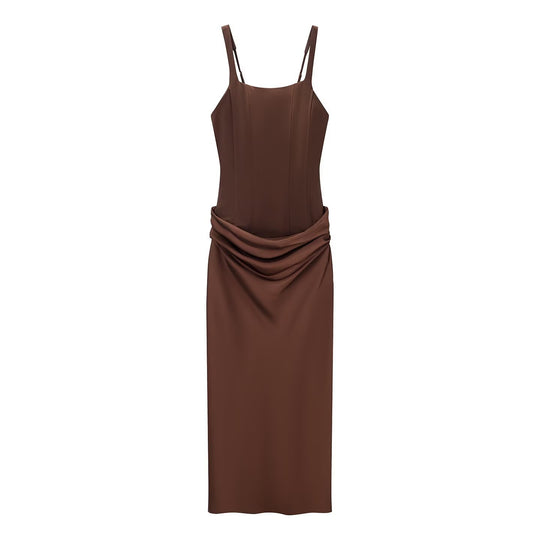 Damen elegantes Midikleid mit raffinierten Drapierungen und verstellbaren Spaghettiträgern R&B