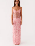 Damen Elegantes Maxikleid mit transparenten Spitzenakzenten und floralen Verzierungen
