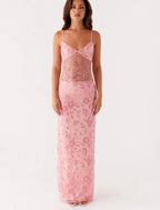 Damen Elegantes Maxikleid mit transparenten Spitzenakzenten und floralen Verzierungen