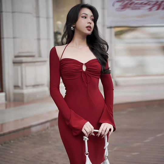 Damen figurbetontes Elegantes Kleid mit langen Ärmeln und raffiniertem Ausschnitt R&B