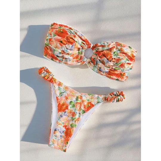 Damen Bandeau-Bikini mit romantischem Rüschendesign und verführerischem Blumenmuster R&B