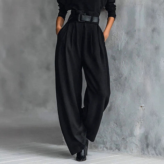 Damen nan elegante hochgeschnittene Plisseehose mit weitem Bein und Rollkragen-Feinstricktop R&B