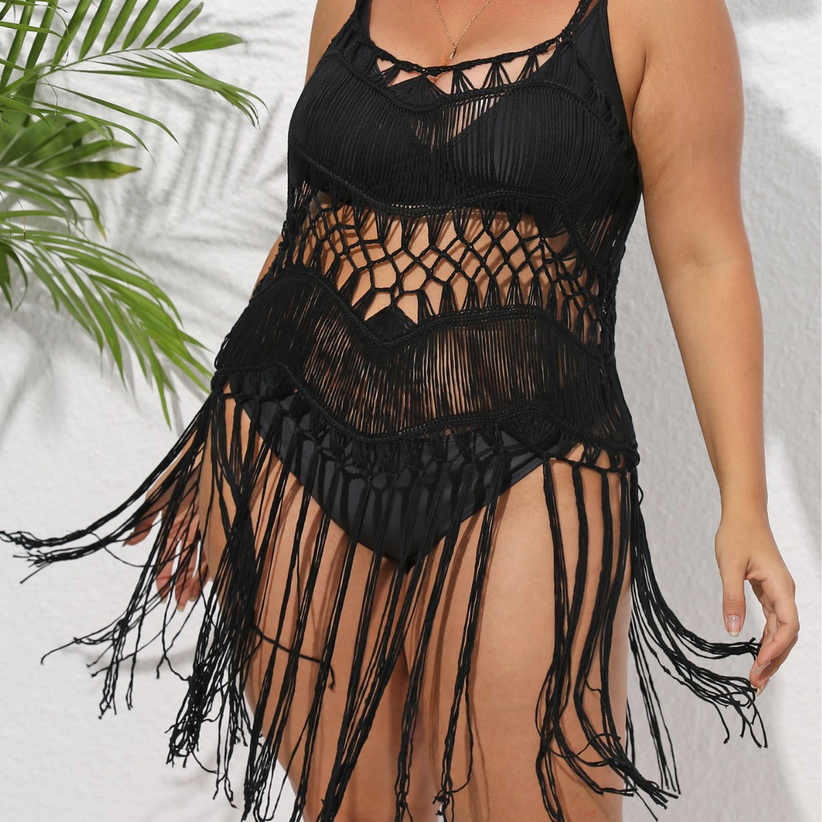 Damen Häkel-Strandüberwurf mit fransigem Design R&B
