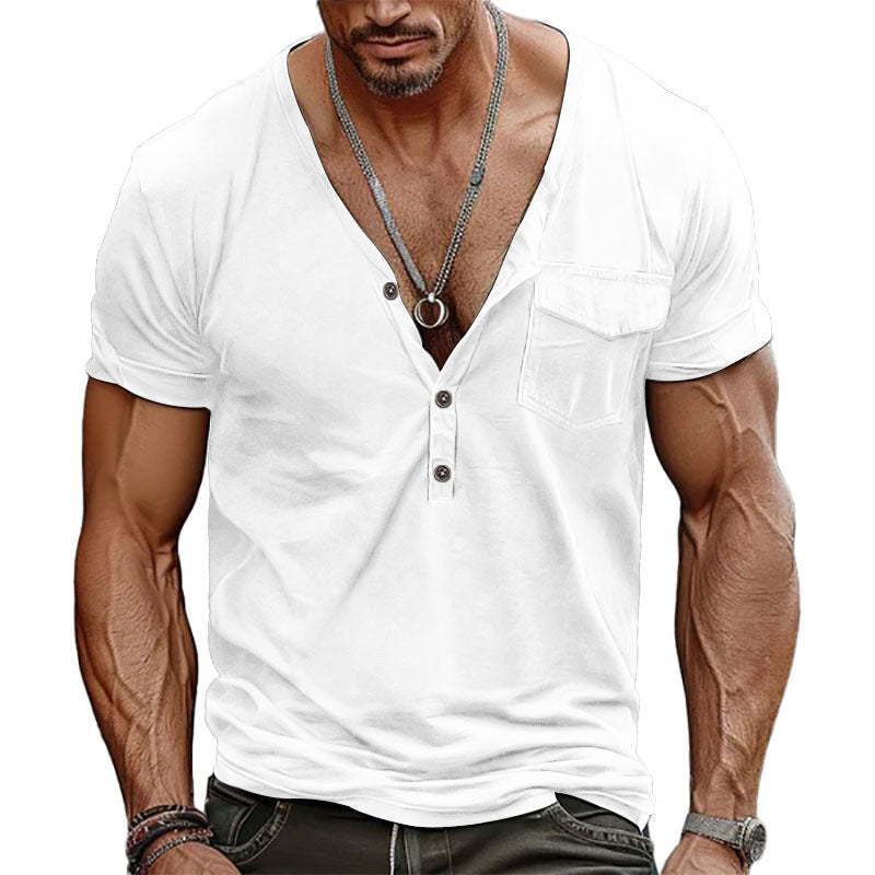 Herren Kurzarm-Henley-T-Shirt mit dekorativer Brusttasche und modernem Schnitt R&B