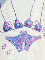 Damen Triangel-Bikini-Set mit verstellbaren Trägern und buntem Muster R&B