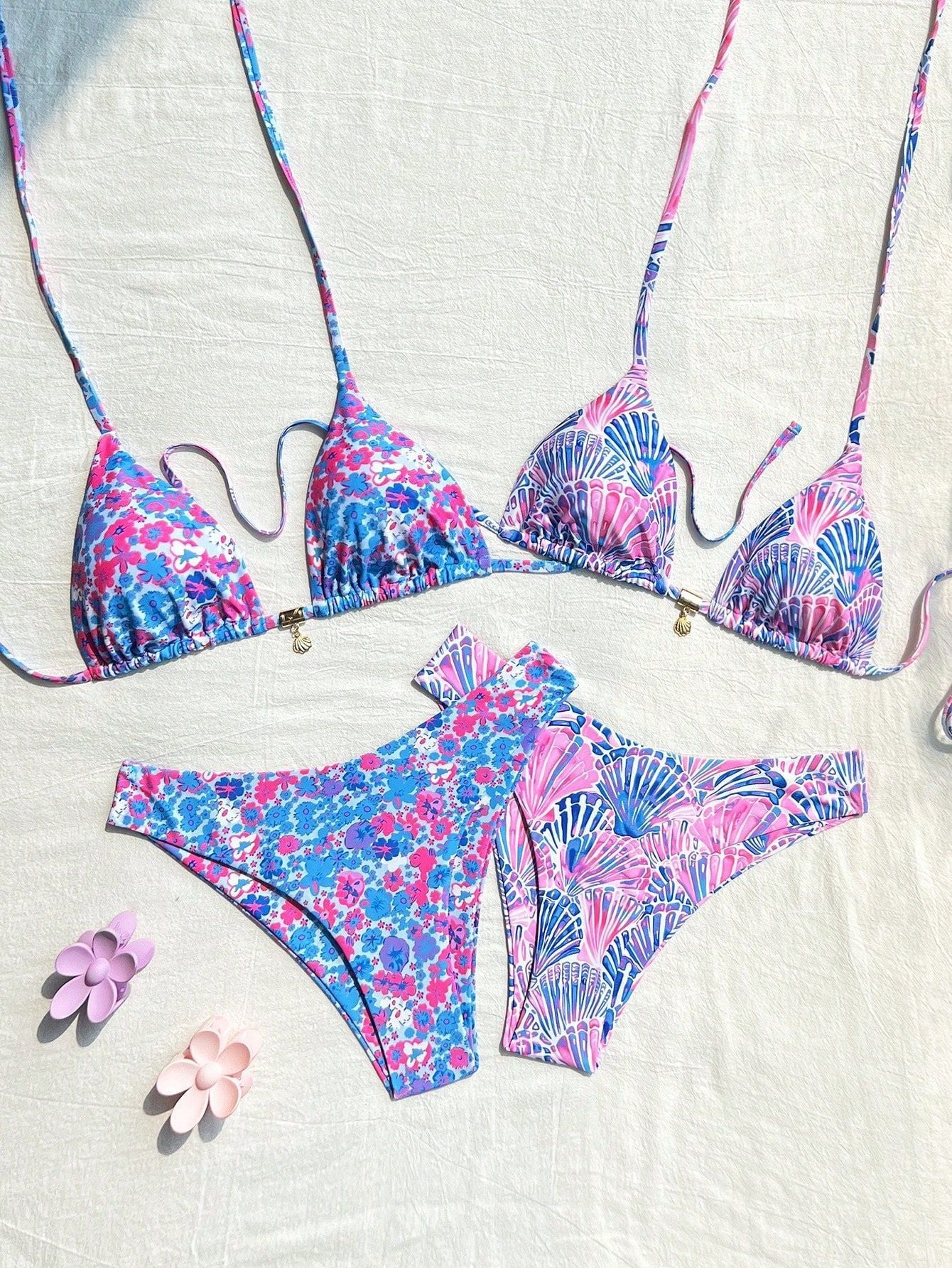Damen Triangel-Bikini-Set mit verstellbaren Trägern und buntem Muster R&B