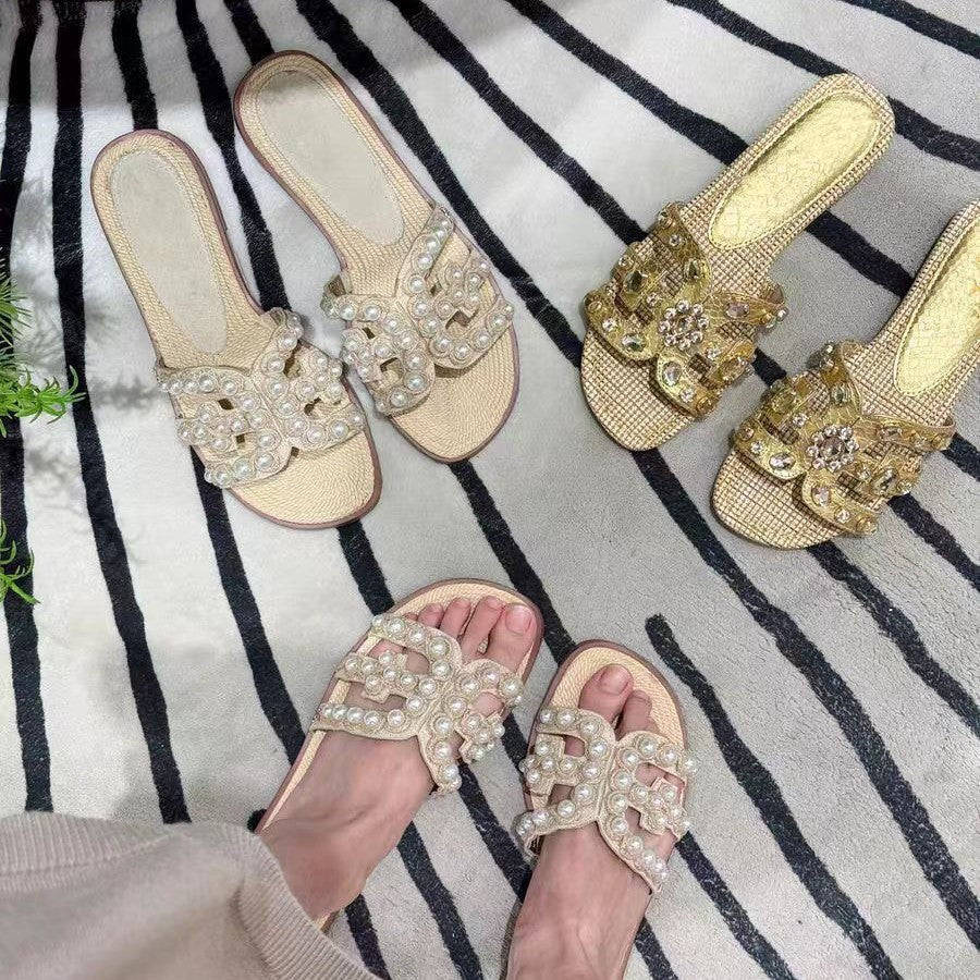 Damen modische Sandalen mit perlverzierten Riemen R&B