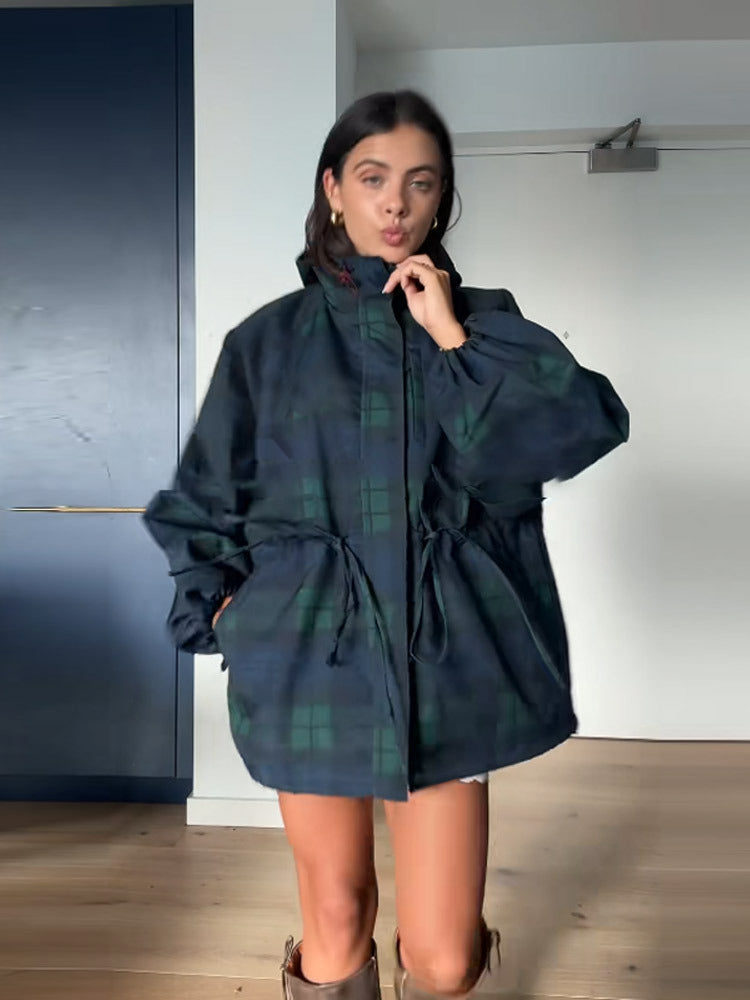 Damen Oversized Jacke im lässigen Karo-Design mit praktischen Taschen und Taillenzug R&B