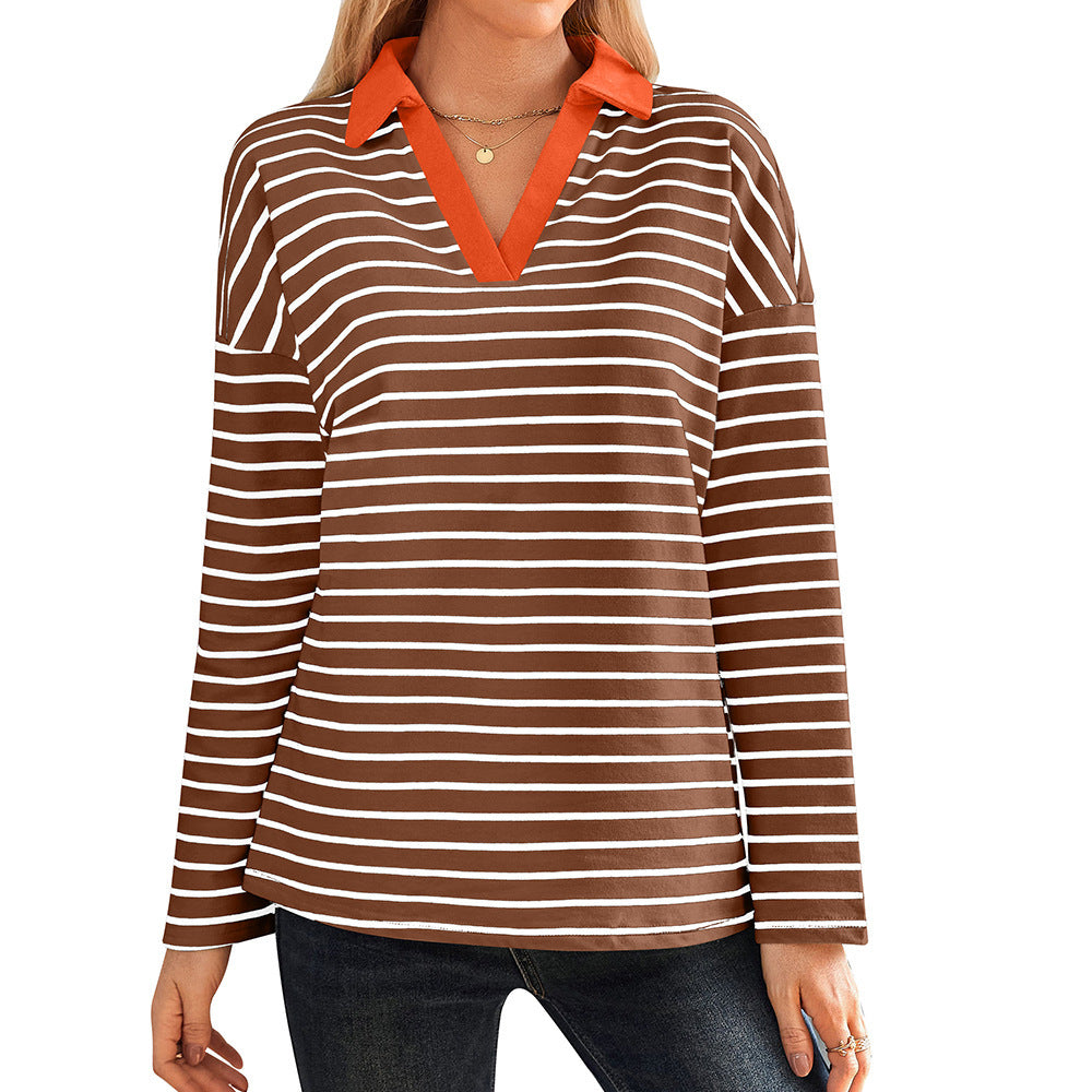 Damen gestreiftes Polo-Shirt mit V-Ausschnitt und kontrastierendem Kragen R&B