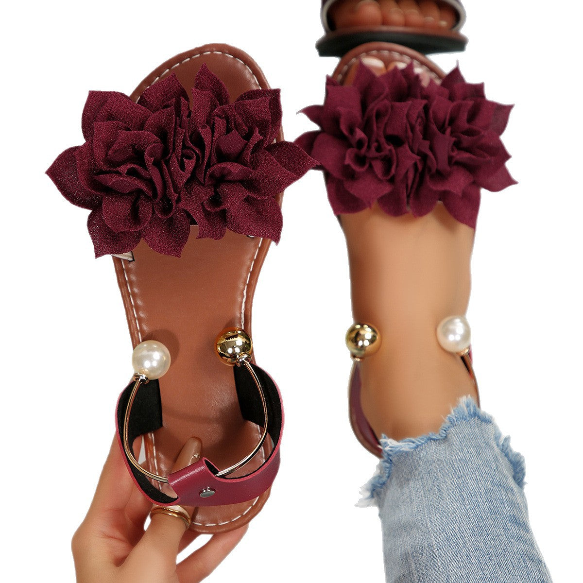 Damen komfortable Sandalen mit dekorativen Blumen-Applikationen R&B