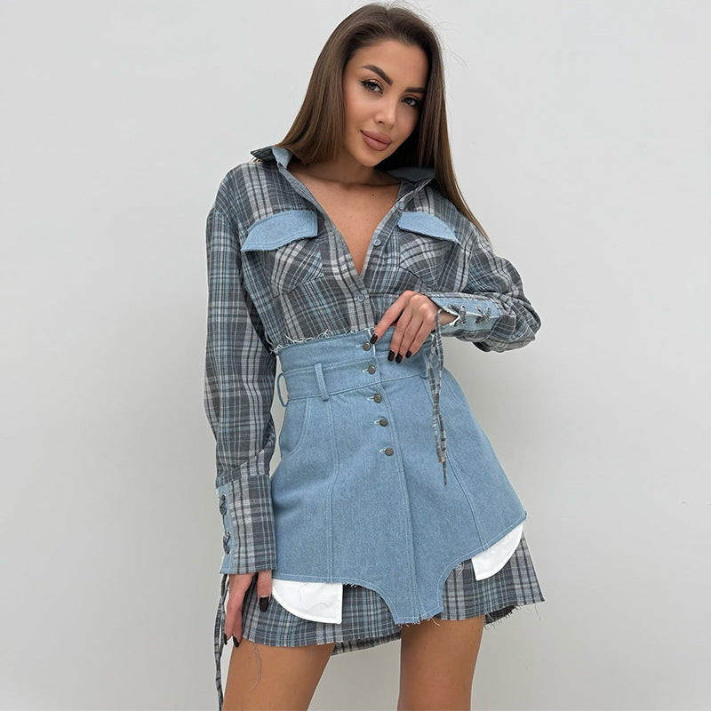 Damen modisches Hemdblusenkleid mit Denim-Elementen R&B