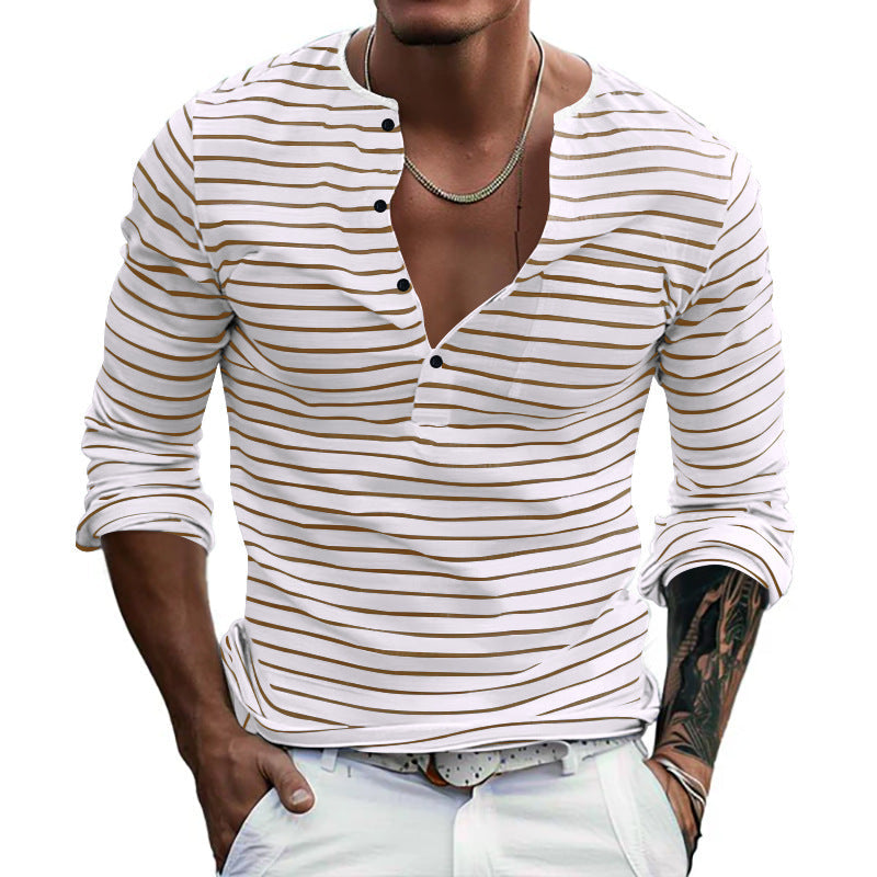 Herren nan gestreiftes Langarmshirt mit kurzer Knopfleiste, Rundhalsausschnitt und dezenter Brusttasche R&B