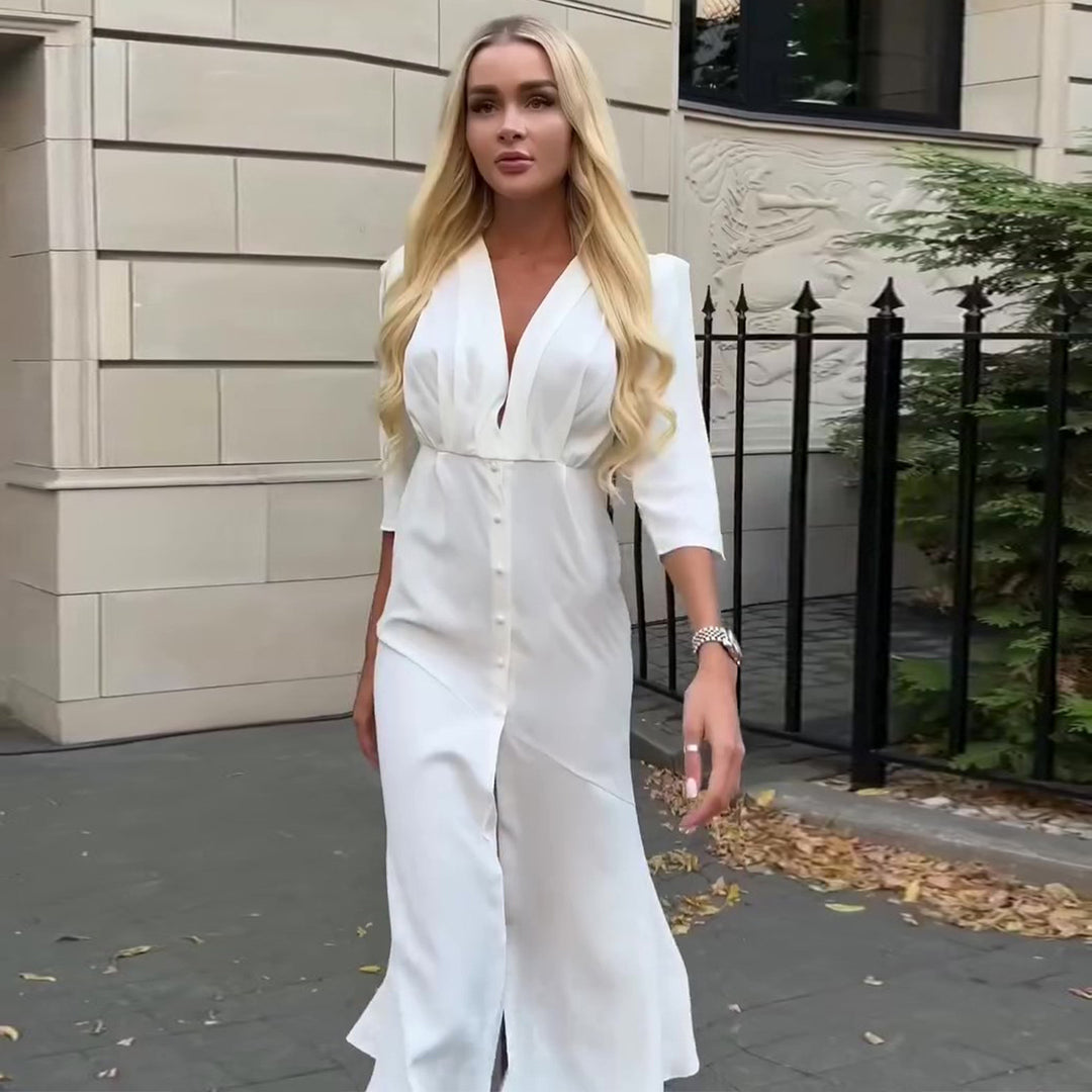 Damen Hemdblusenkleid mit elegantem V-Ausschnitt und Knopfleiste R&B