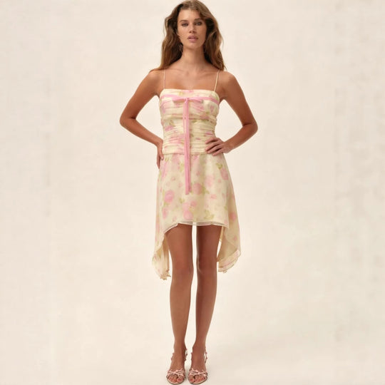 Damen Flower-Print Mini-Kleid mit asymmetrischem Saum und eleganter Raffung R&B
