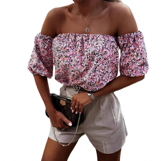 Damen Off-Shoulder Bluse mit voluminösen Puffärmeln und floralem Muster R&B