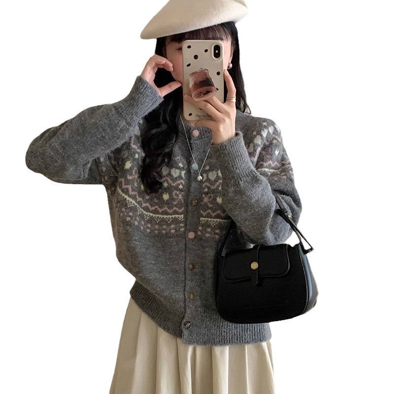 Damen Strickjacke mit festlichem Muster und modischen Knöpfen R&B