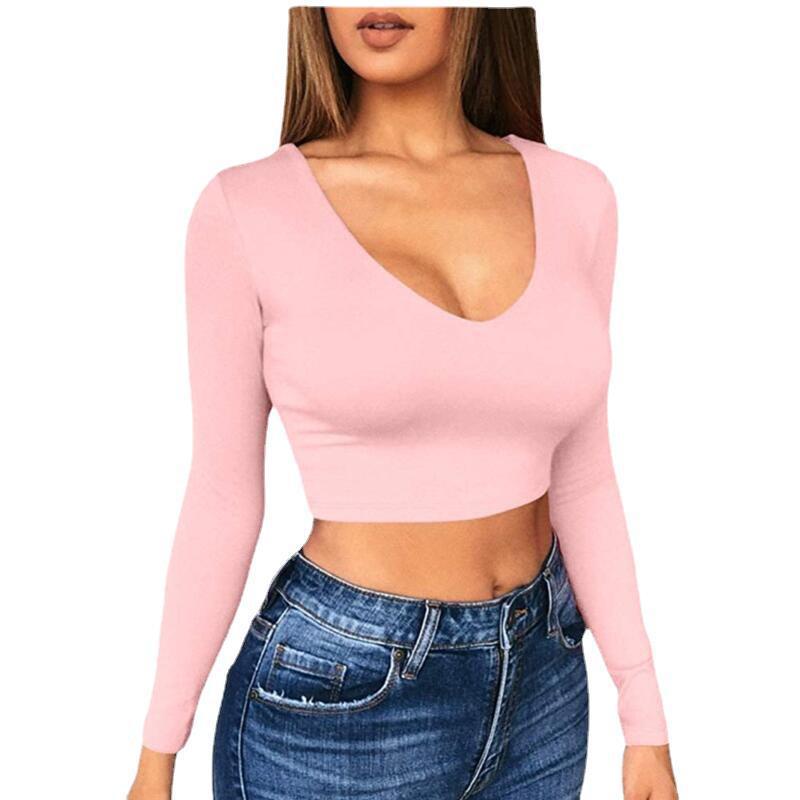 Damen modisches Crop-Top mit tiefem V-Ausschnitt und langen Ärmeln R&B