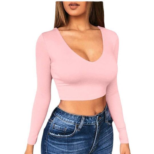 Damen modisches Crop-Top mit tiefem V-Ausschnitt und langen Ärmeln R&B