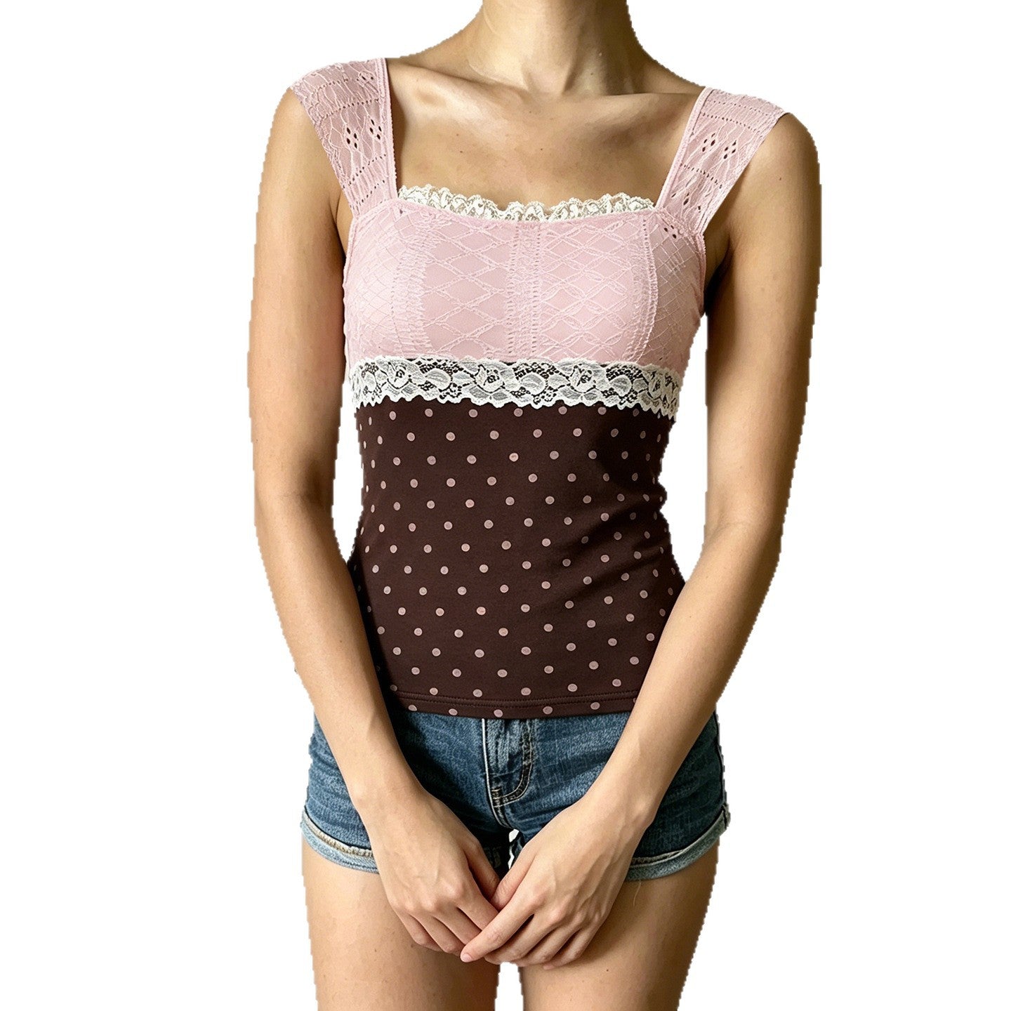 Damen Wunderschönes Oberteil mit Spitze und Punkte-Design R&B