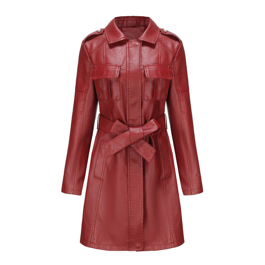 Damen modischer Trenchcoat aus hochwertigem Kunstleder R&B