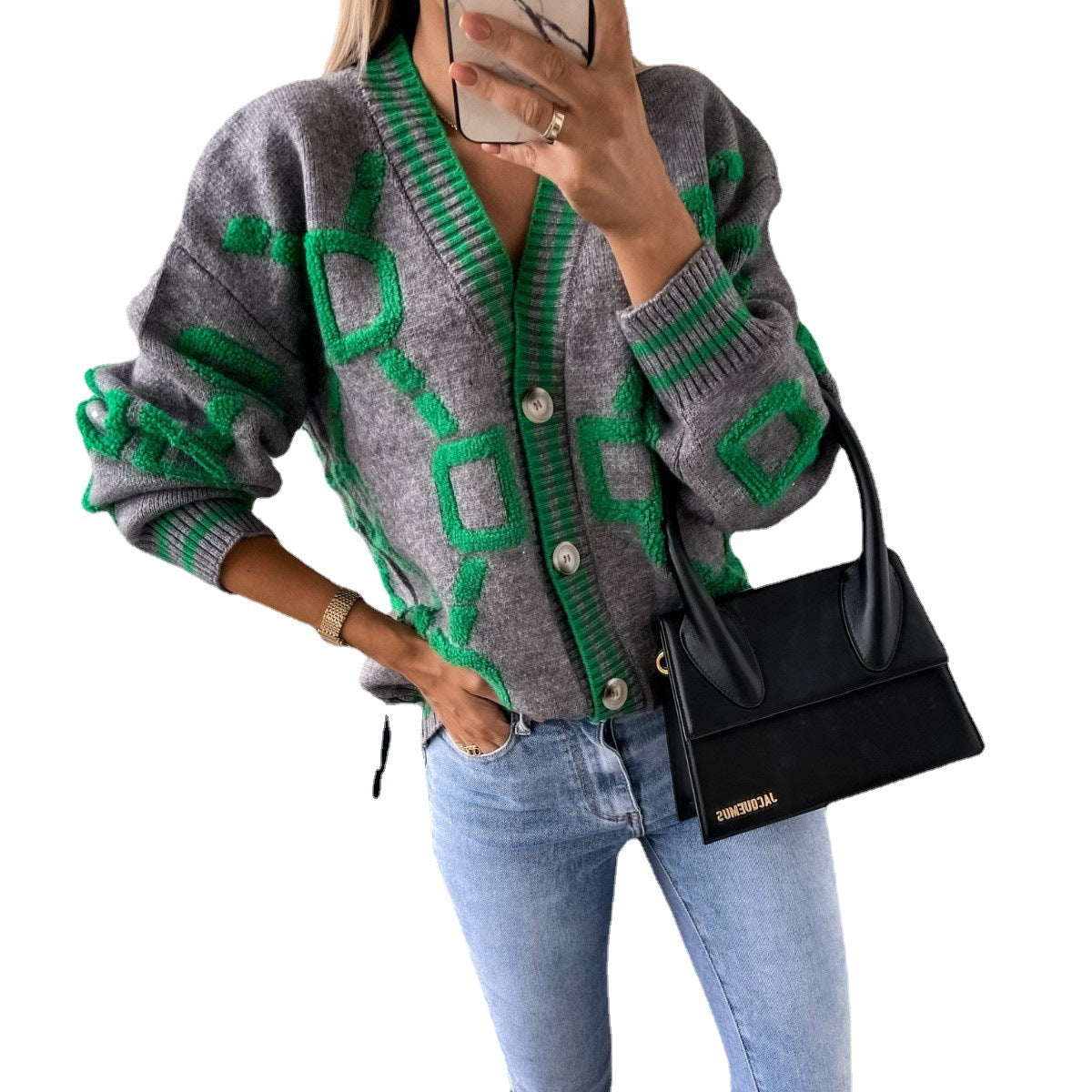 Damen Strickjacke mit grafischem Design und Knopfleiste R&B