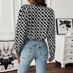 Damen Designer-Bluse mit grafischem Muster und tiefem V-Ausschnitt R&B