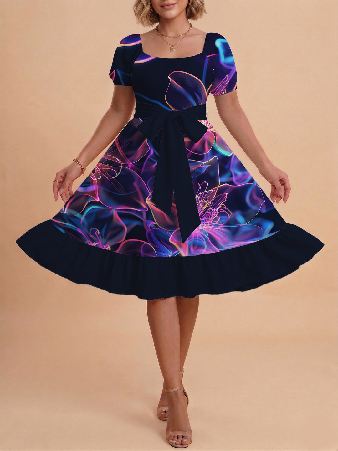 Damen Sommerkleid mit floralem Puffärmel und taillierbarem Gürtel R&B