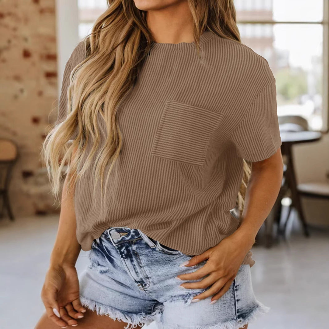 Damen lässiges Kurzarmshirt mit strukturierter Oberfläche und praktischem Brusttaschen R&B