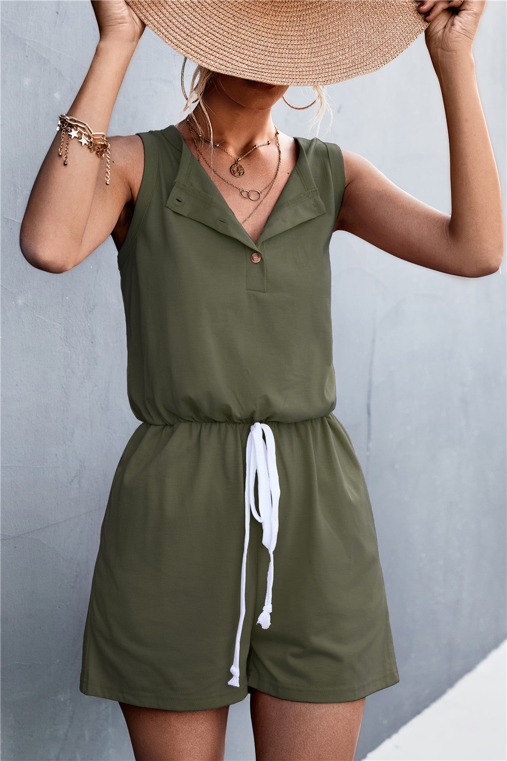 Damen lässiger Overall mit knöpfbarem Ausschnitt und verstellbarem Taillenzug R&B