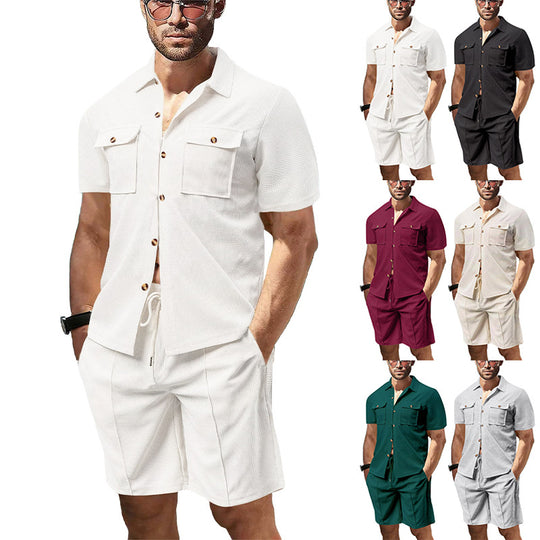 Herren nan modernes Kurzarm-Hemden-Set im Resortstil mit aufgesetzten Pattentaschen, offenem Reverskragen und Kordelzug-Bermuda aus Strukturjersey R&B