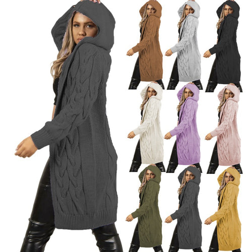 Damen Grober Strickmantel mit Kapuze und ausgefallenem Zopfmuster R&B