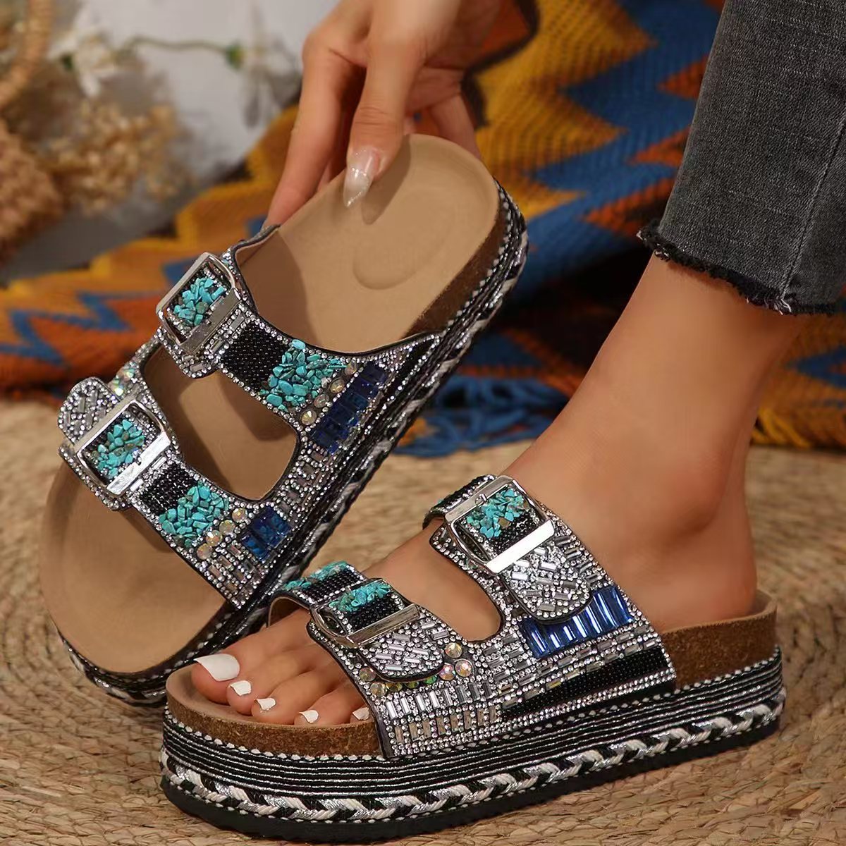 Damen Bequeme Riemensandalen mit Funkelnden Akzenten und Verstellbaren Riemen R&B