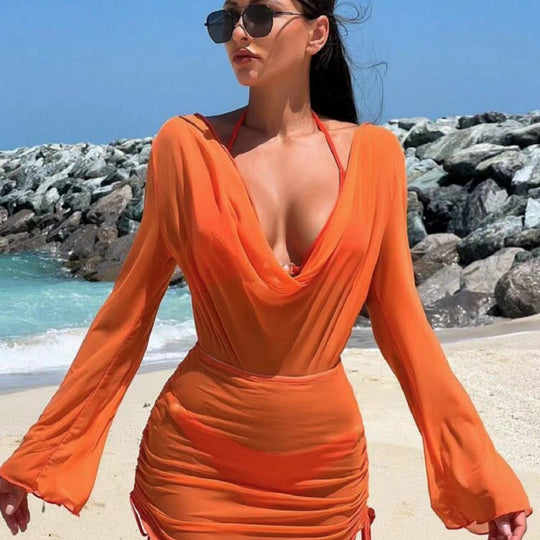 Damen Strandkleid mit elegantem Wickeldesign und langen Ärmeln R&B