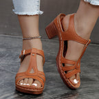 Damen T-Strap Absatzsandalen mit geflochtener Sohle und Pseudo-Leder R&B