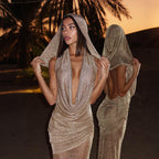 Damen Elegantes Maxikleid mit tiefem Pracht-Ausschnitt und durchscheinendem Stoff R&B
