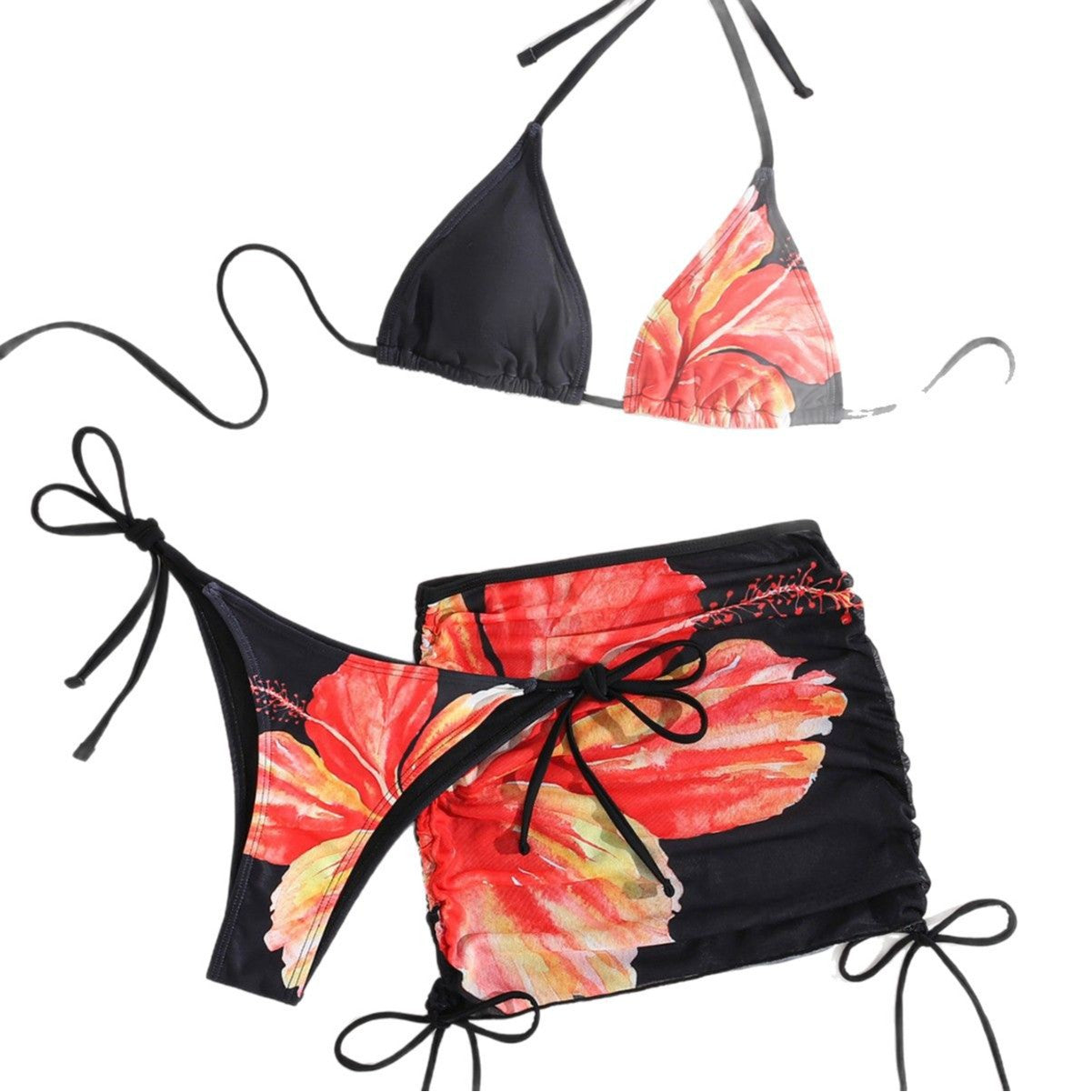 Damen Triangel-Bikini mit transparentem Rockelement und floralem Design R&B