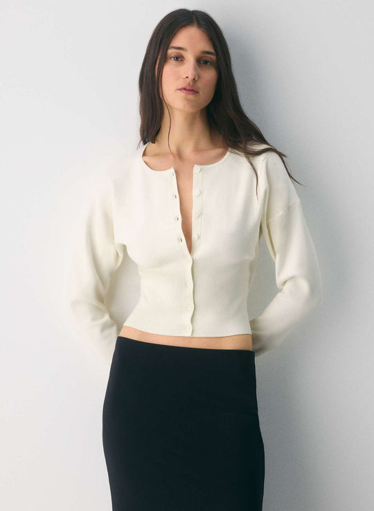 Damen Cropped Strickjacke mit Knopfleiste und Rippstrick R&B