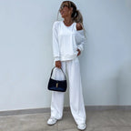 Damen nan elegantes Rippstrick-Zweiteiler Lounge-Set mit einseitigem Schulterfreischnitt und weitem Palazzo-Hosenbein R&B