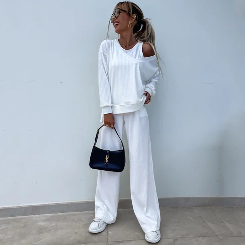 Damen nan elegantes Rippstrick-Zweiteiler Lounge-Set mit einseitigem Schulterfreischnitt und weitem Palazzo-Hosenbein R&B