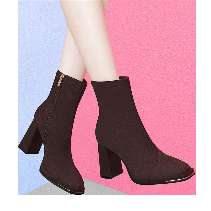 Damen stilvolle Stiefeletten mit Blockabsatz und Reißverschluss R&B