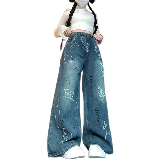 Damen Weite Jeanshose mit kreativem Graffiti-Design R&B