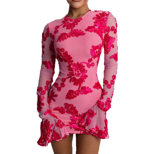 Damen Figurnahes Spitzenkleid mit floralen Applikationen und langen Ärmeln R&B